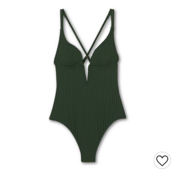 Shade & Shore Swimsuit One Piece Green Ribbed Plunge Swimsuit Size Large NEW - Picture 11 of 12
